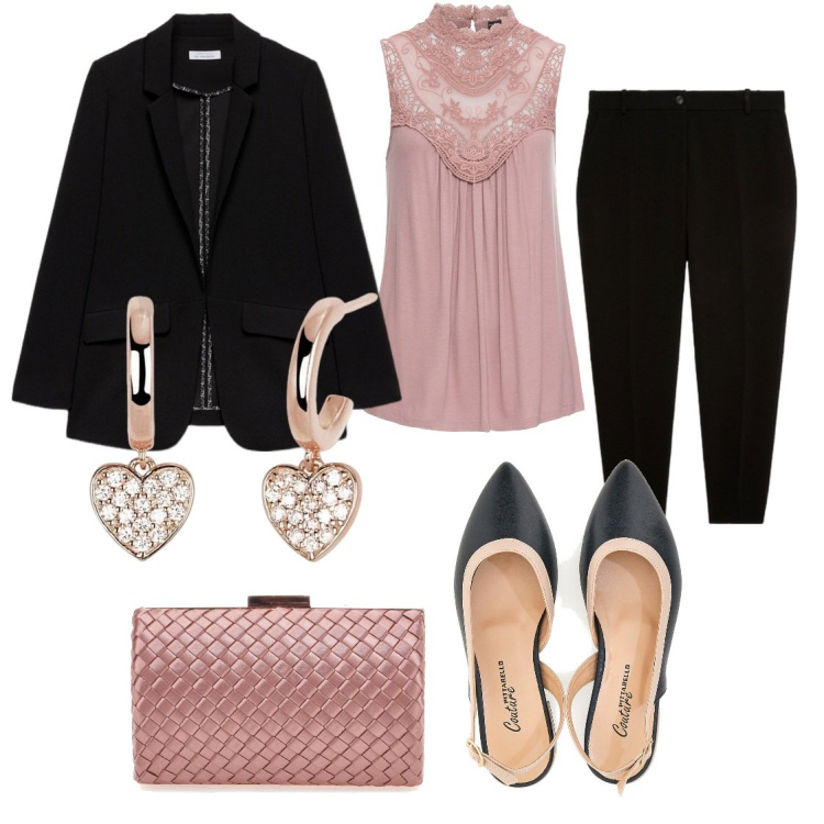 Outfit donna - Over size rosa cipria. Stile Chic per Cerimonia. Abbinamento con top, orecchini, ballerine, pantaloni, blazer, pochette.