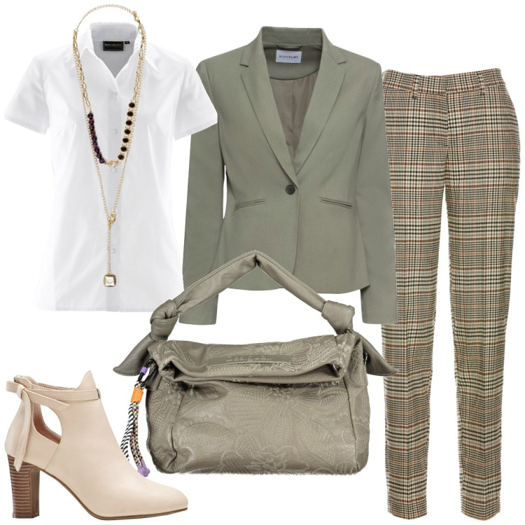 Outfit donna - Formale quanto basta. Stile Casual chic per Ufficio. Abbinamento con camicie a manica corta, pantaloni, stivaletti, blazer, collane, borse a spalla.