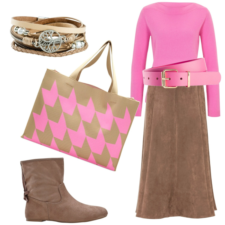 Outfit donna - Combo rosa/cammello. Stile Boho per Tutti i giorni. Abbinamento con braccialetti, cinture, stivaletti, gonne longuette, maglieria, borse a spalla.