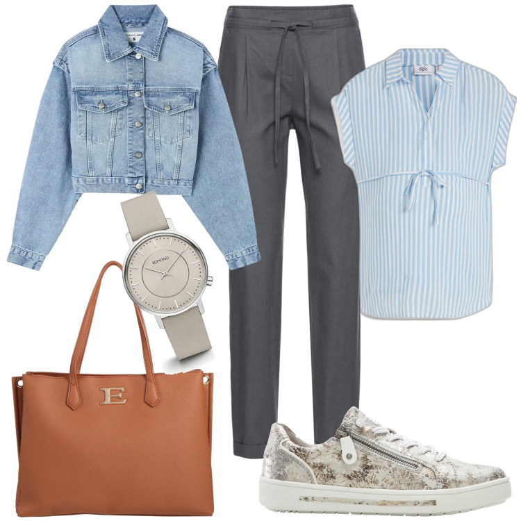 Outfit donna - Per tutti i giorni. Stile Casual chic per Tutti i giorni. Abbinamento con borse a mano, orologi, pantaloni, bluse, sneakers, blazer.