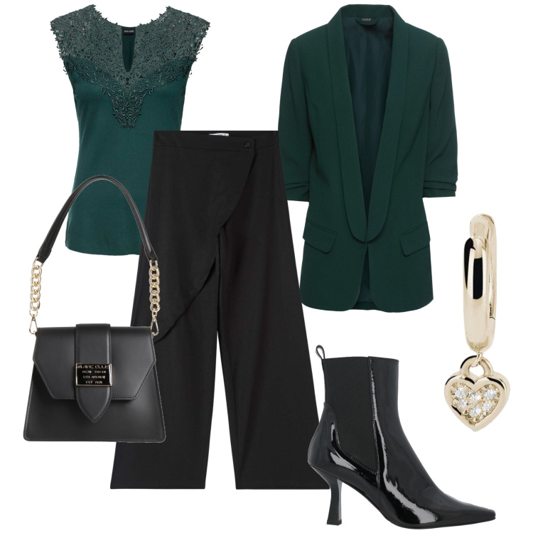 Outfit donna - Il blazer per la sera. Stile Glamour per Serata fuori. Abbinamento con blazer, top, stivaletti chelsea, borse a spalla, pantaloni, orecchini.