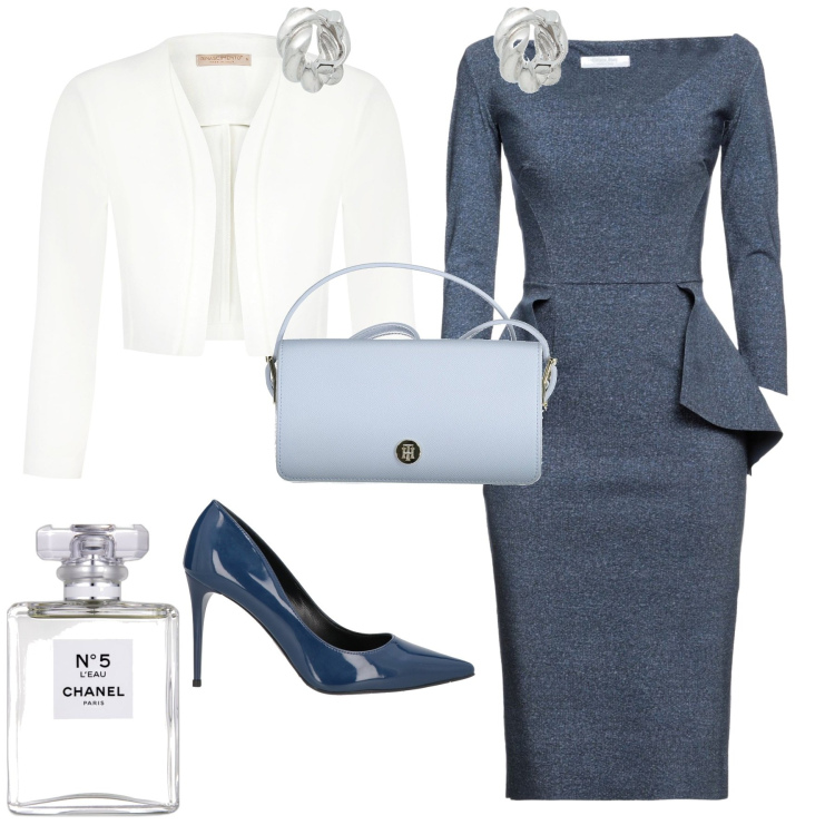 Outfit donna - Bon ton evento cerimonia o ufficio. Stile Bon Ton per Cerimonia. Abbinamento con vestiti midi/longuette, décolleté, orecchini, profumi, blazer, borse a spalla.
