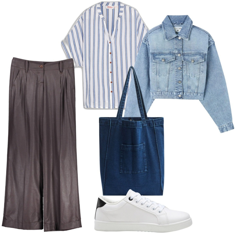Outfit donna - Righe grosse e pistagnina. Stile Basic per Tutti i giorni. Abbinamento con camicie, sneakers, blazer, shopping bag, pantaloni.