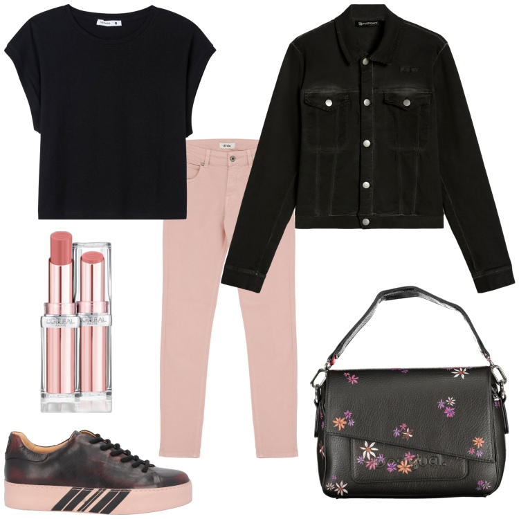 Outfit donna - Basic ma non troppo. Stile Basic per Tutti i giorni. Abbinamento con sneakers, rossetti, t-shirt, blazer, pantaloni, borse a spalla.