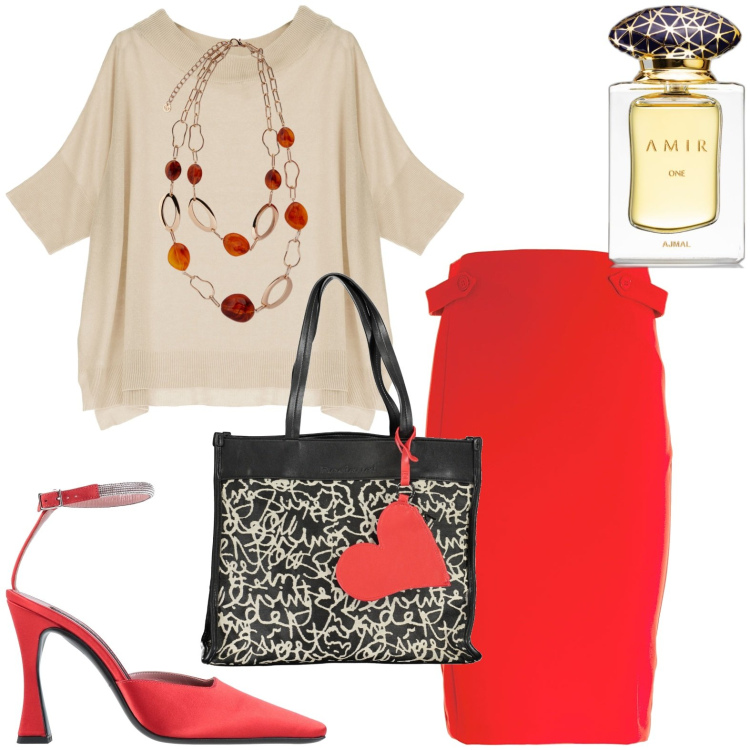 Outfit donna - Total look #1838492. Stile Casual chic per Tutti i giorni. Abbinamento con décolleté, profumi, gonne, maglieria, ciondoli, borse a spalla.