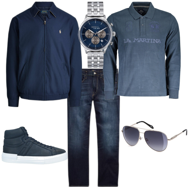 Outfit uomo - Trendy per il week end. Stile Trendy per Tutti i giorni. Abbinamento con sneakers alte, orologi, jeans dritti, giacche, polo, occhiali da sole.