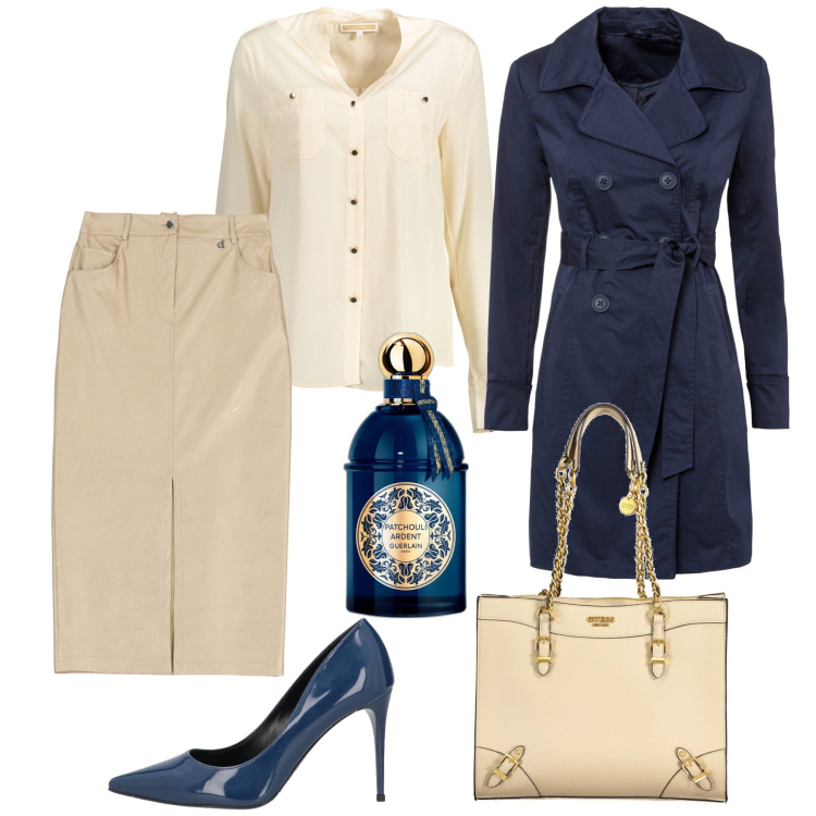 Outfit donna - Con classe in ufficio. Stile Glamour per Ufficio. Abbinamento con trench, décolleté, profumi, gonne longuette, camicie, borse a spalla.