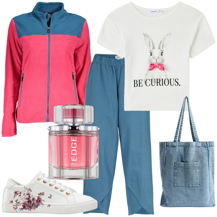 Outfit donna - Sportiva. Stile Casual per Tutti i giorni. Abbinamento con sneakers, pantaloni, profumi, t-shirt, shopping bag, felpe.