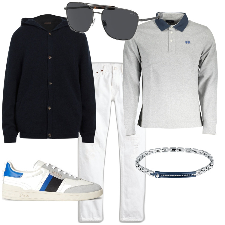 Outfit uomo - Trendy per un week end al mare. Stile Trendy per Mare. Abbinamento con braccialetti, cardigans, jeans, sneakers, occhiali da sole, polo.