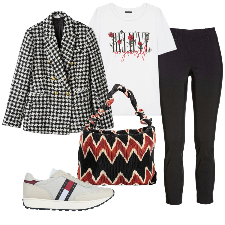 Outfit donna - Dinamica. Stile Urban per Tutti i giorni. Abbinamento con pantaloni, sneakers, blazer, t-shirt, borse a spalla.