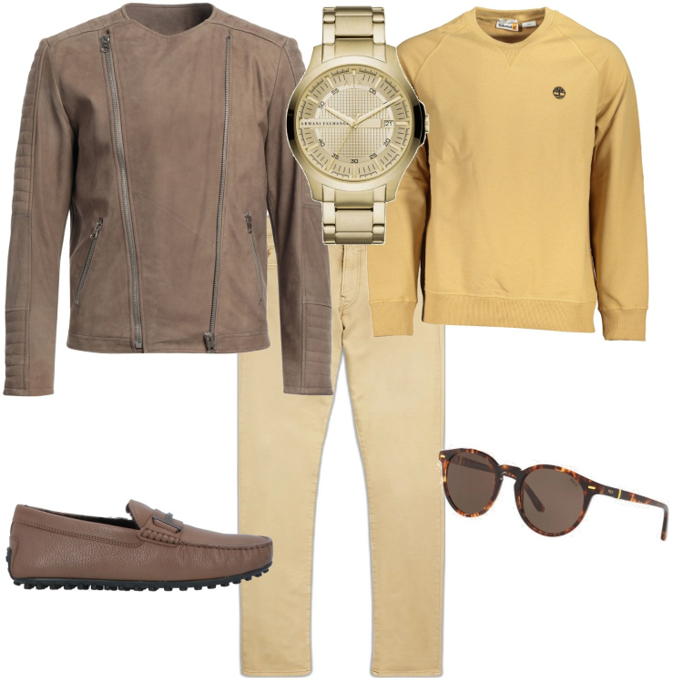 Outfit uomo - Trendy per un week end. Stile Trendy per Tutti i giorni. Abbinamento con giacche, scarpe stringate, orologi, occhiali da sole, pantaloni chino, felpe.