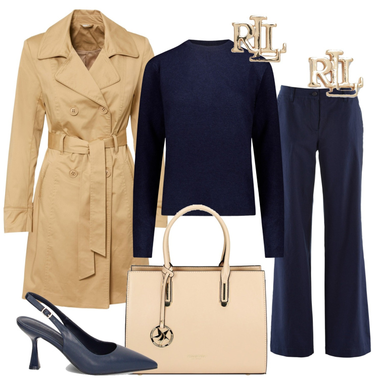 Outfit donna - Blu e beige. Stile Chic per Tutti i giorni. Abbinamento con pantaloni, trench, décolleté, borse a mano, orecchini, maglieria.