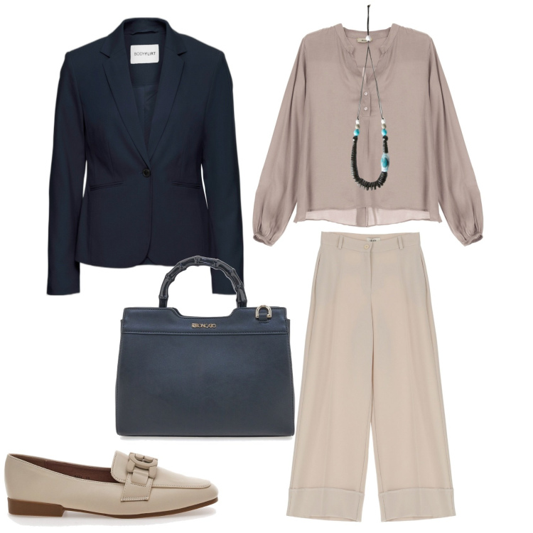 Outfit donna - Total look #1838565. Stile Casual chic per Ufficio. Abbinamento con blazer, pantaloni a palazzo, camicie, collane, borse a mano, mocassini.