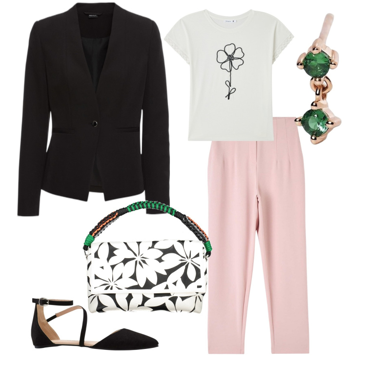 Outfit donna - Ben tornata primavera. Stile Romantica per Tutti i giorni. Abbinamento con blazer, ballerine, pantaloni chino, t-shirt, orecchini, borse a spalla.
