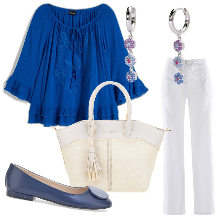 Outfit donna - La camicetta per la primavera. Stile Casual per Tutti i giorni. Abbinamento con pantaloni a palazzo, tuniche, orecchini, ballerine, borse a mano.