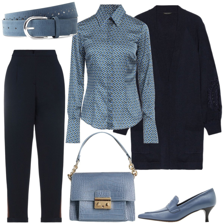 Outfit donna - Ufficio. Stile Bon Ton per Ufficio. Abbinamento con cinture, camicie, mocassini, pantaloni, borse a mano, cardigans.