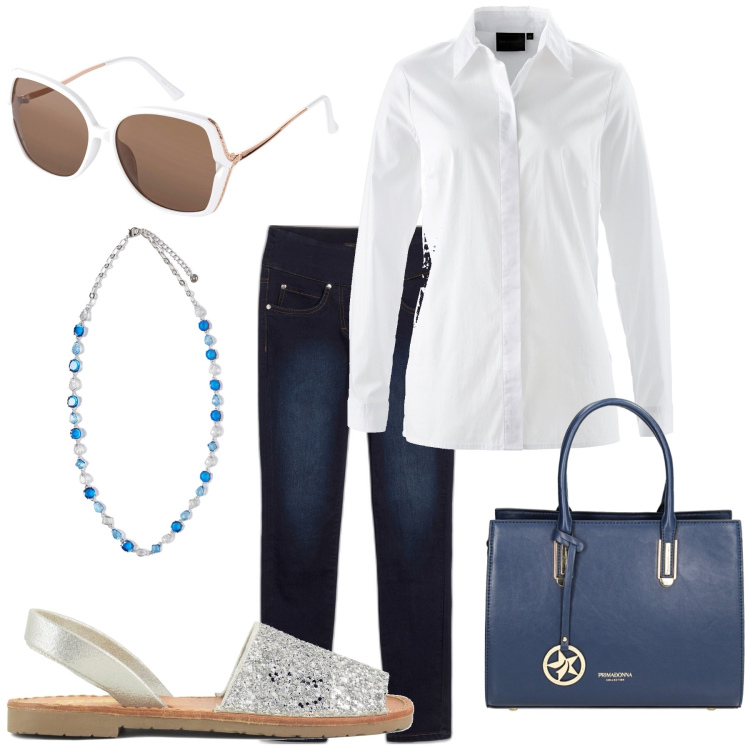 Outfit donna - Camicia bianca. Stile Casual per Tutti i giorni. Abbinamento con camicie, jeans slim fit, occhiali da sole, borse a mano, sandali, collane.