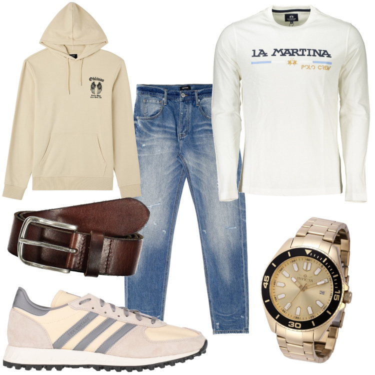 Outfit uomo - Il jeans e felpa. Stile Casual per Tutti i giorni. Abbinamento con sneakers, orologi, felpe con cappuccio, jeans dritti, t-shirt, cinture.