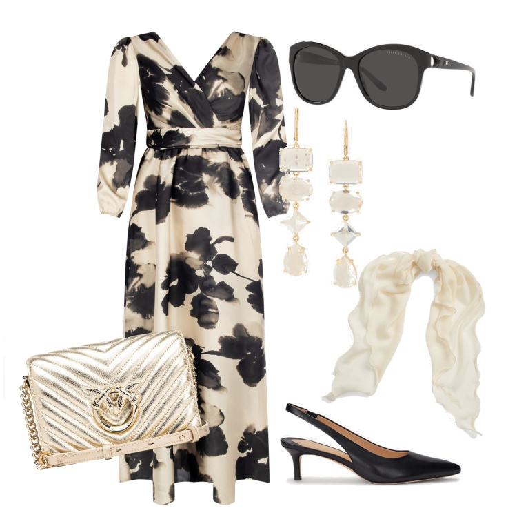 Outfit donna - Ritratto di una diva. Stile Glamour per Serata fuori. Abbinamento con borse a tracolla, vestiti lunghi, occhiali da sole, décolleté, foulard, orecchini.