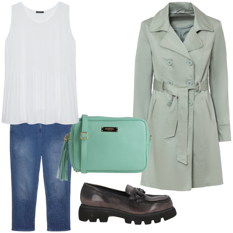 Outfit donna - Apertivo. Stile Basic per Tutti i giorni. Abbinamento con trench, mocassini, borse a tracolla, top, jeans dritti.