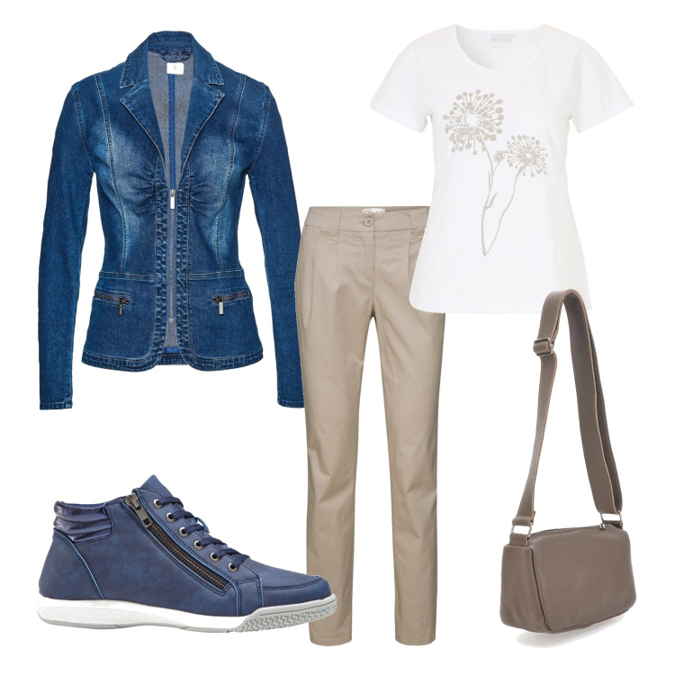 Outfit donna - Blu & beige casual. Stile Casual per Tutti i giorni. Abbinamento con pantaloni chino, t-shirt, sneakers alte, blazer, borse a tracolla.