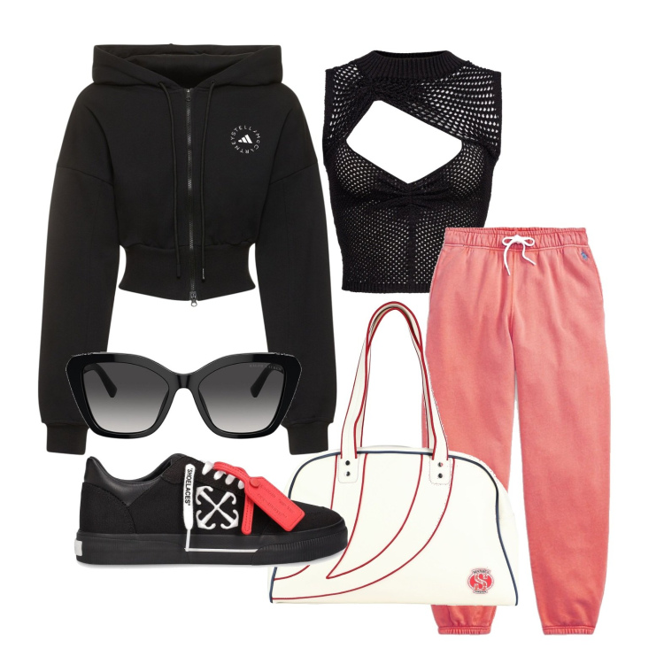 Outfit donna - Ghost outfitter - marzo. Stile Sporty chic per Tutti i giorni. Abbinamento con borse sportive, top, occhiali da sole, pantaloni sportivi, felpe con cappuccio, sneakers.