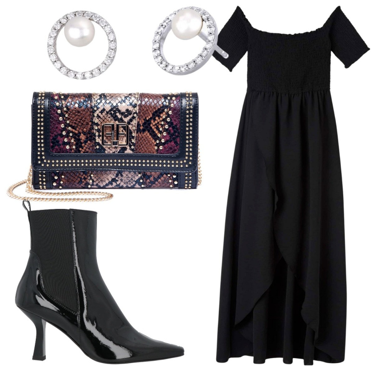 Outfit donna - Total look #1838657. Stile Trendy per Serata fuori. Abbinamento con stivaletti chelsea, vestiti lunghi, orecchini, pochette.