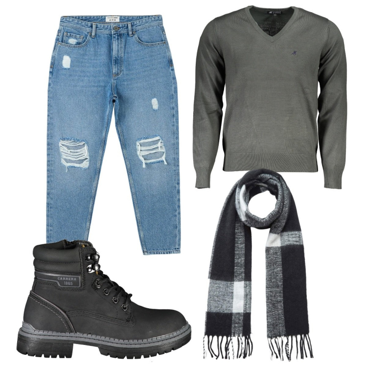Outfit uomo - Total look #1838663. Stile Casual per Tutti i giorni. Abbinamento con jeans strappati, sciarpe, stivali, maglieria.