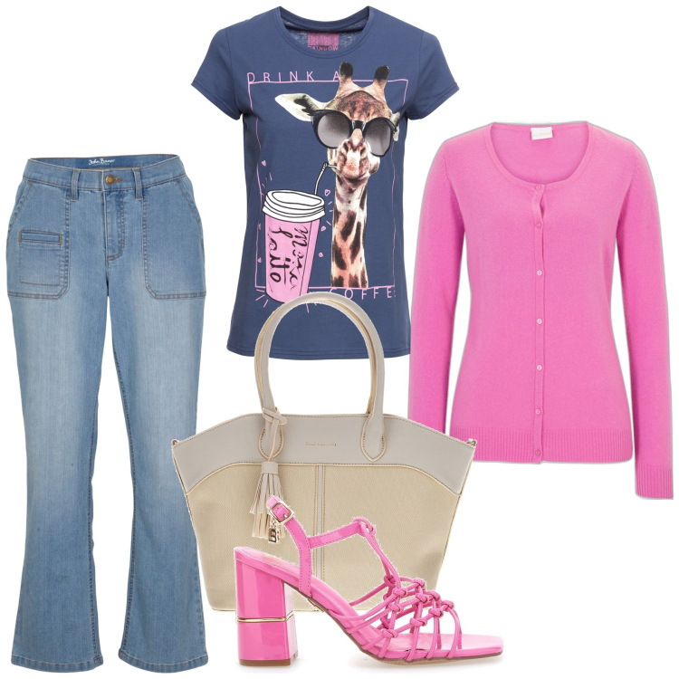 Outfit donna - Total look #1838670. Stile Trendy per Tutti i giorni. Abbinamento con t-shirt, cardigans, jeans, sandali col tacco, borse a spalla.