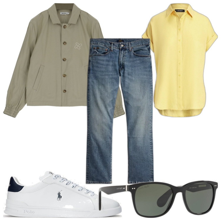 Outfit uomo - Total look #1838685. Stile Trendy per Tutti i giorni. Abbinamento con giacche, sneakers, jeans dritti, occhiali da sole, camicie a manica corta.