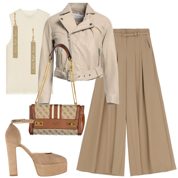 Outfit donna - City. Stile Trendy per Tutti i giorni. Abbinamento con décolleté, blazer, top, pantaloni a palazzo, orecchini, borse a spalla.