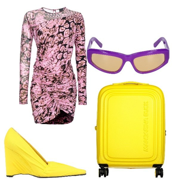 Outfit donna - partenza primaverile. Stile Romantica per Tutti i giorni. Abbinamento con décolleté, vestiti asimmetrici, valigie, occhiali da sole.