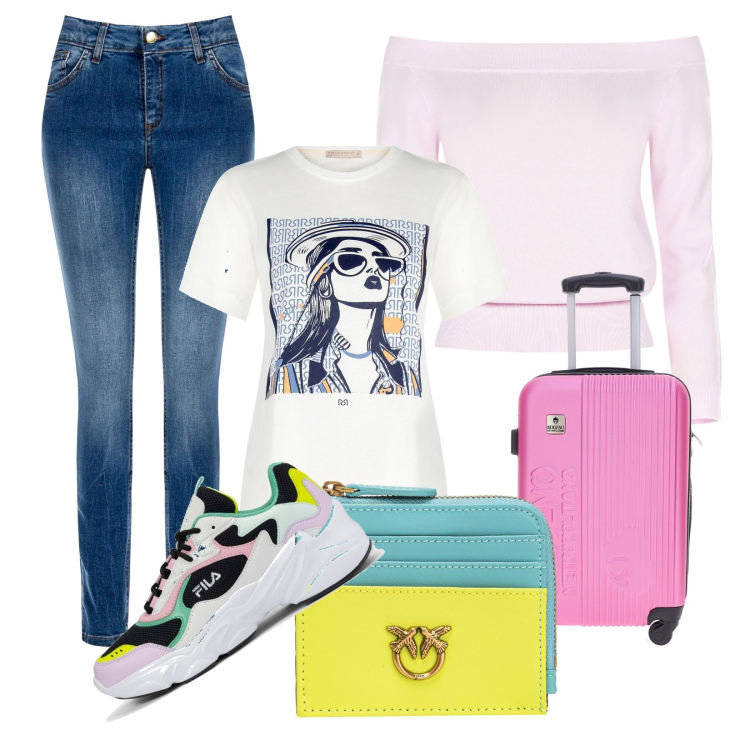 Outfit donna - In viaggio. Stile Urban per Tutti i giorni. Abbinamento con portafogli, maglieria, t-shirt, jeans skinny, scarpe sportive, valigie.