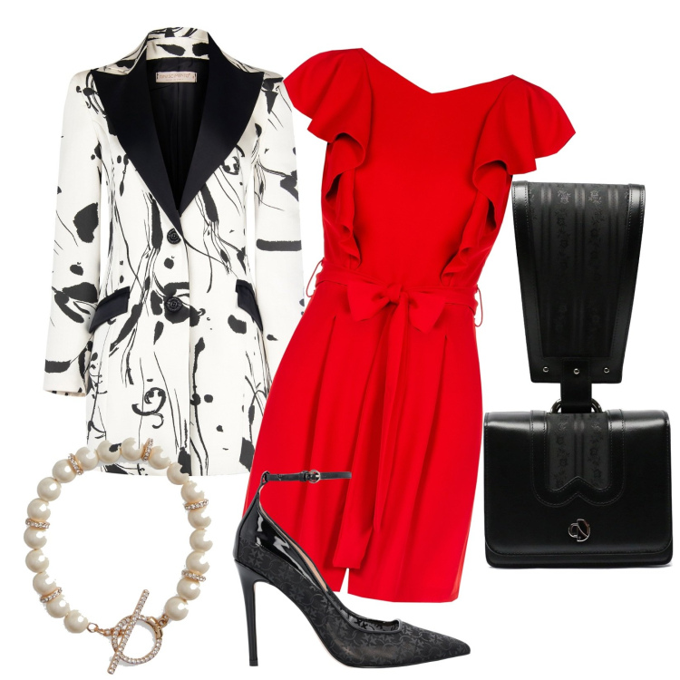 Outfit donna - Che serata. Stile Sexy per Serata fuori. Abbinamento con décolleté, tuta corta, blazer, braccialetti, borse a mano.