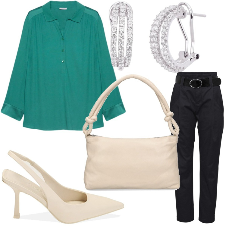 Outfit donna - Blusa per la primavera, donna curvy. Stile Casual per Tutti i giorni. Abbinamento con pantaloni, orecchini, décolleté, bluse, borse a spalla.