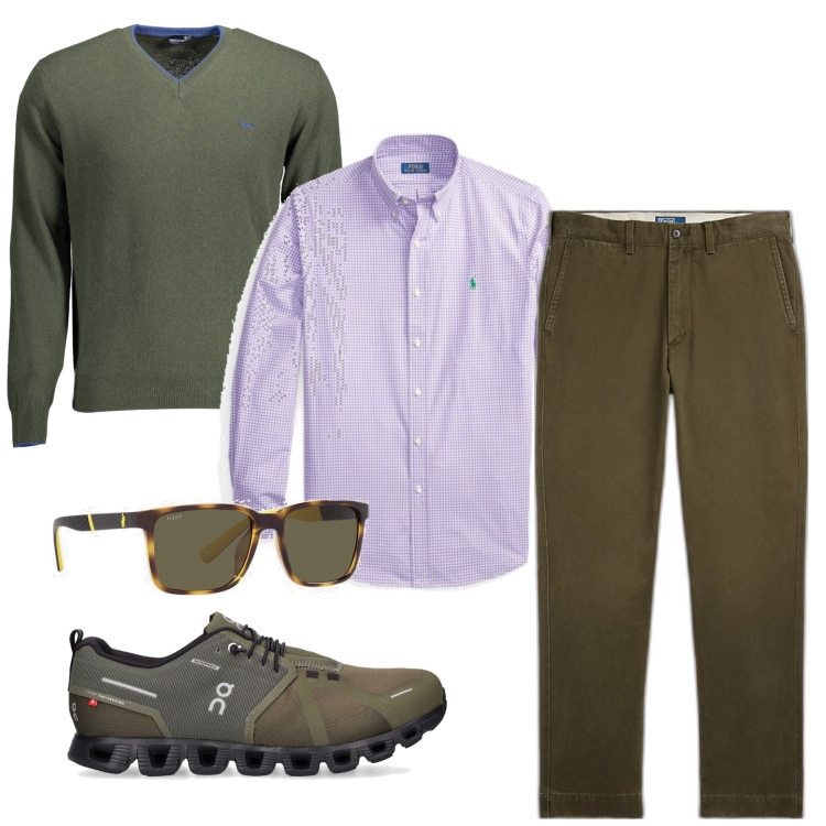 Outfit uomo - Glicine e verde militare. Stile Casual per Tutti i giorni. Abbinamento con pantaloni, occhiali da sole, camicie, maglieria, sneakers.