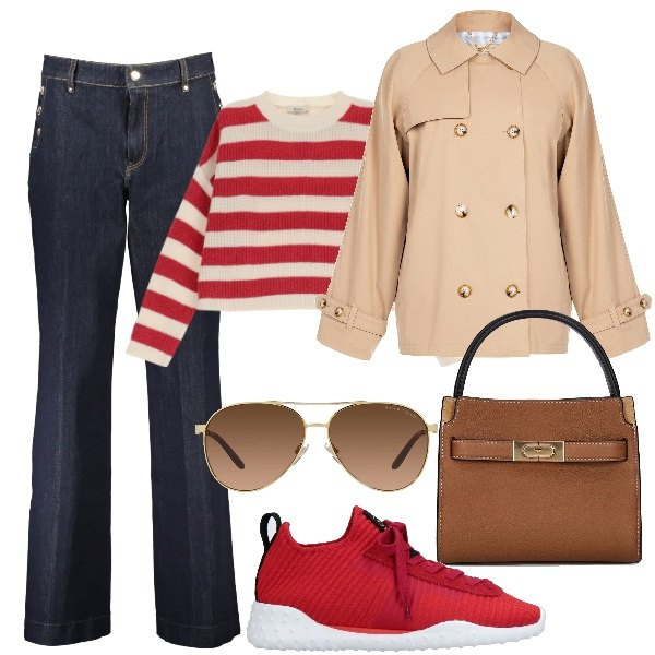Outfit donna - Il trench corto. Stile Trendy per Tutti i giorni. Abbinamento con sneakers, trench, pullovers, occhiali da sole, jeans skinny, borse a mano.