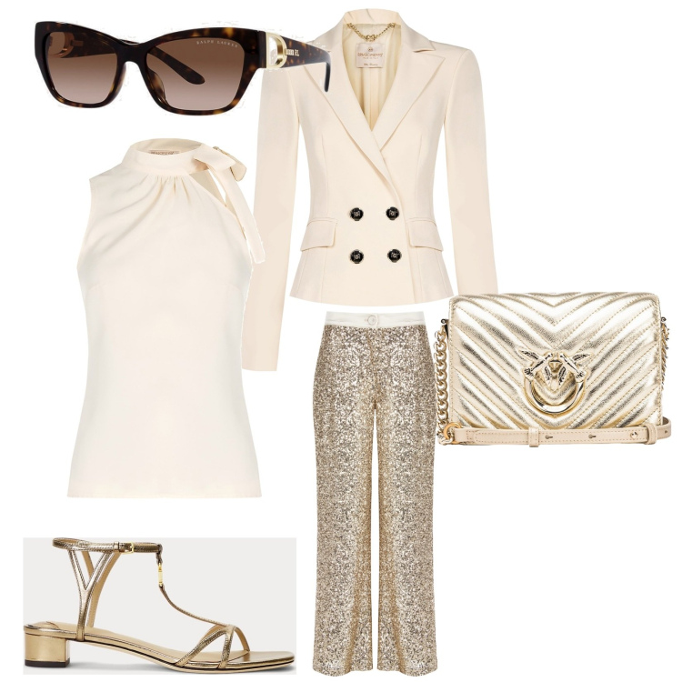 Outfit donna - Gold. Stile Casual chic per Cerimonia. Abbinamento con borse a tracolla, blazer, top, pantaloni a palazzo, occhiali da sole, sandali in pelle.