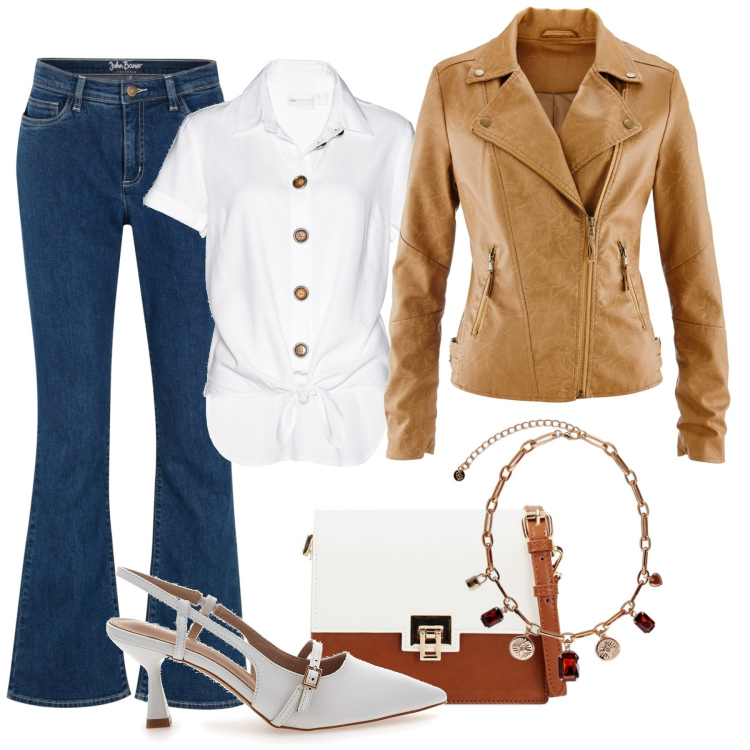 Outfit donna - Total look #1838769. Stile Rock per Tutti i giorni. Abbinamento con jeans bootcut, camicie, blazer, borse a tracolla, décolleté, collane.
