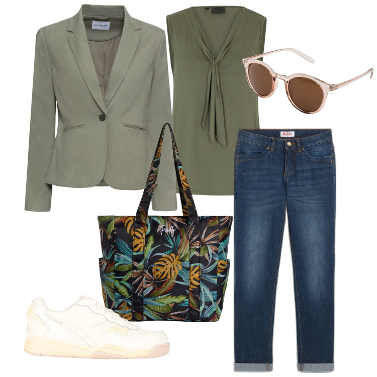 Outfit donna - Primavera che avanza. Stile Casual per Tutti i giorni. Abbinamento con jeans dritti, top, blazer, occhiali da sole, sneakers, shopping bag.