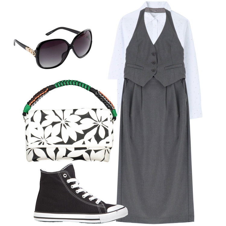 Outfit donna - Abito e camicia. Stile Urban per Tutti i giorni. Abbinamento con sneakers alte, occhiali da sole, camicie, vestiti lunghi, borse a spalla.