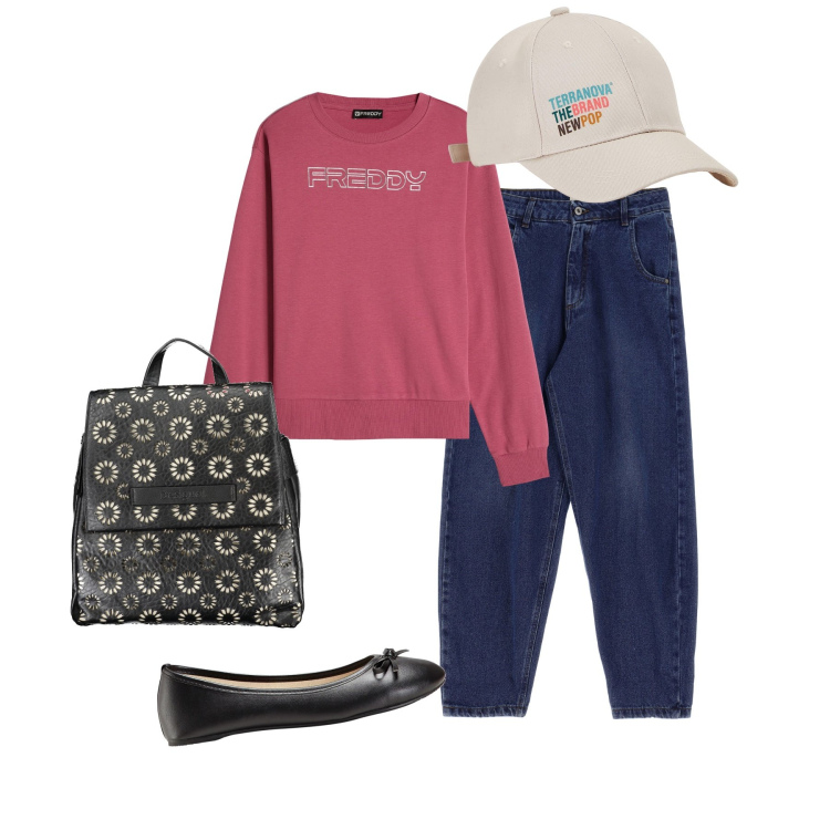 Outfit donna - Lunedì mattina. Stile Casual per Tutti i giorni. Abbinamento con ballerine, cappelli, felpe, jeans, zaini.