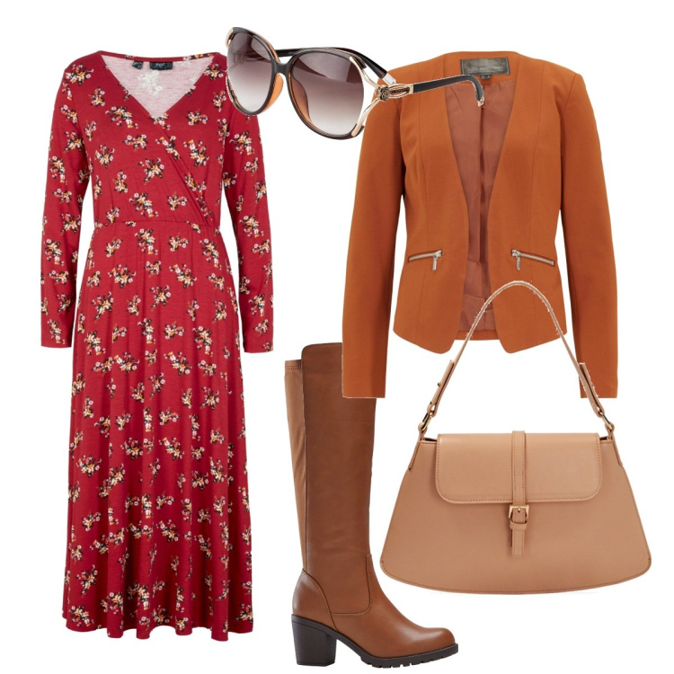 Outfit donna - Bordeaux e marrone. Stile Casual chic per Tutti i giorni. Abbinamento con occhiali da sole, stivali, vestiti lunghi, blazer, borse a spalla.