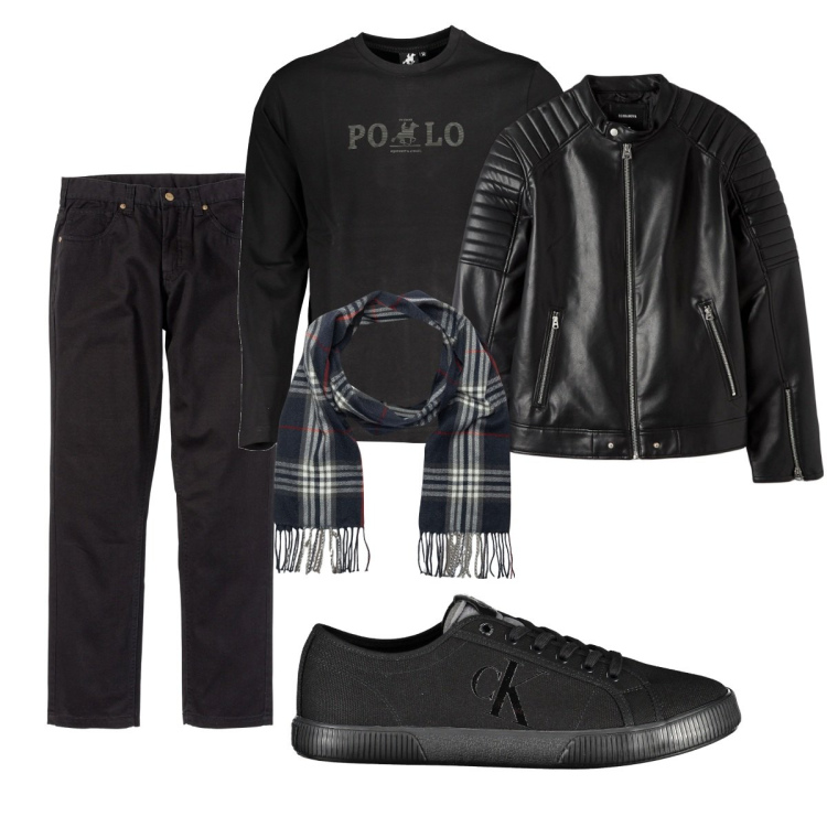 Outfit uomo - Total black. Stile Trendy per Tutti i giorni. Abbinamento con pantaloni, giacche, sciarpe, t-shirt, scarpe sportive.