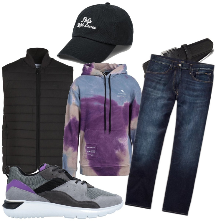 Outfit uomo - Pennellate di colore. Stile Urban per Serata speciale. Abbinamento con sneakers, giacche, felpe con cappuccio, jeans dritti, cinture, cappelli.