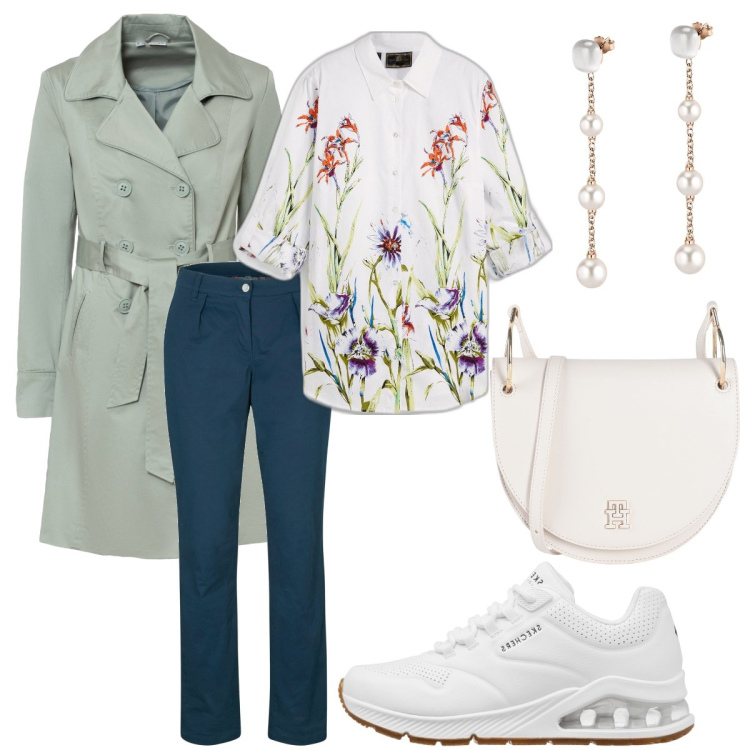 Outfit donna - Il trench verde. Stile Basic per Tutti i giorni. Abbinamento con trench, pantaloni, camicie, borse a tracolla, orecchini, sneakers.