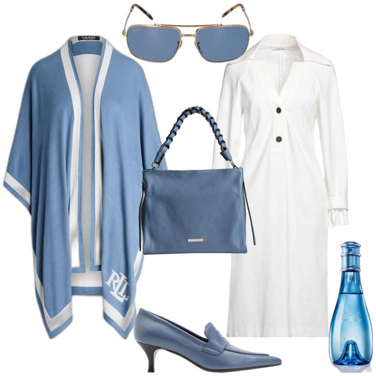 Outfit donna - Azzurro e bianco bon ton. Stile Bon Ton per Tutti i giorni. Abbinamento con vestiti chemisier, mocassini, borse a mano, profumi, cappe, occhiali da sole.
