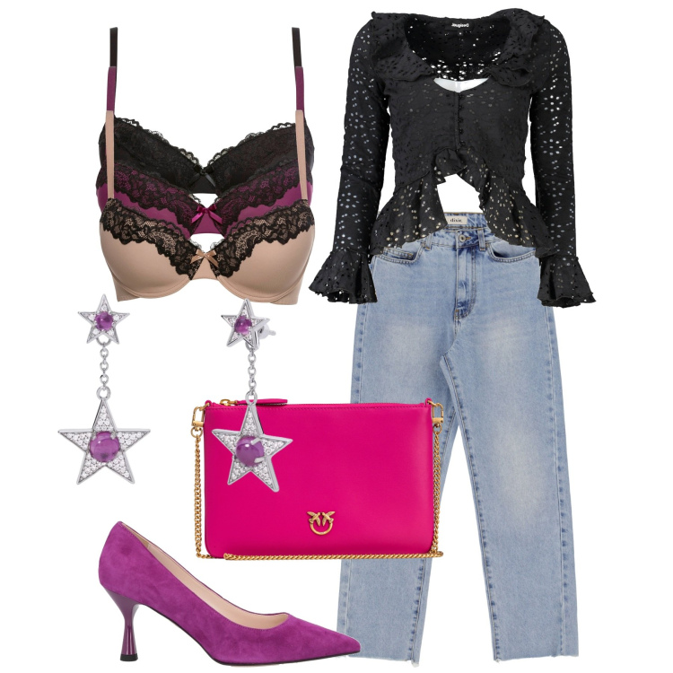 Outfit donna - Pizzo nero e jeans. Stile Casual chic per Serata fuori. Abbinamento con reggiseni, décolleté, orecchini, borse a tracolla, jeans dritti, camicie.