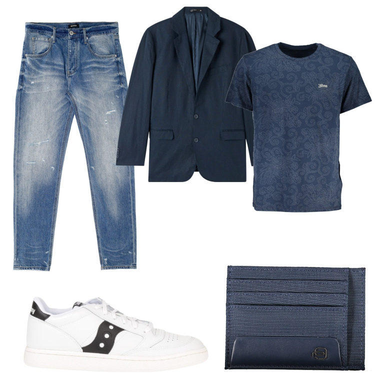 Outfit uomo - Una serata con gli amici. Stile Casual per Serata speciale. Abbinamento con sneakers, giacche, jeans dritti, t-shirt, portafogli.