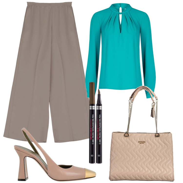 Outfit donna - Primavera in libertà. Stile Bon Ton per Serata fuori. Abbinamento con décolleté, matite sopracciglia, bluse, pantaloni a palazzo, borse a spalla.